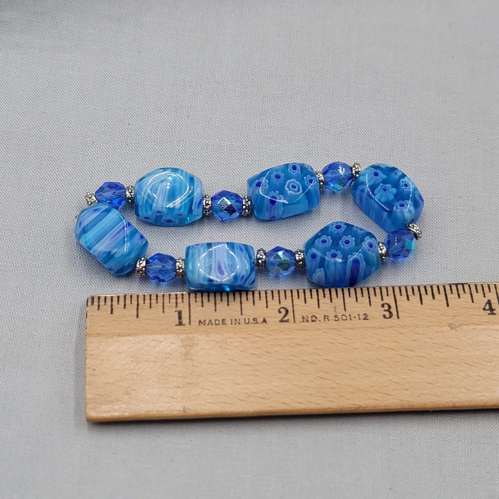 Chunky Blue Glass Beaded Bracelet Womens 6 In Stretch Millefiori Style Jewelry