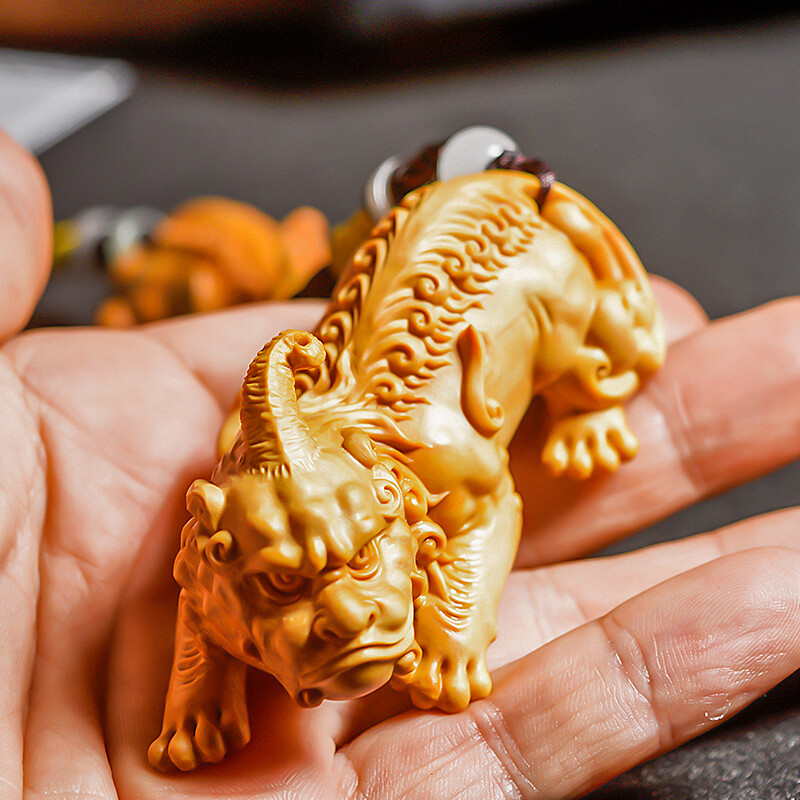 Leaf Boxwood Carving Tianlu Male and Female Pixiu Solid Wood Handicraft Gifts