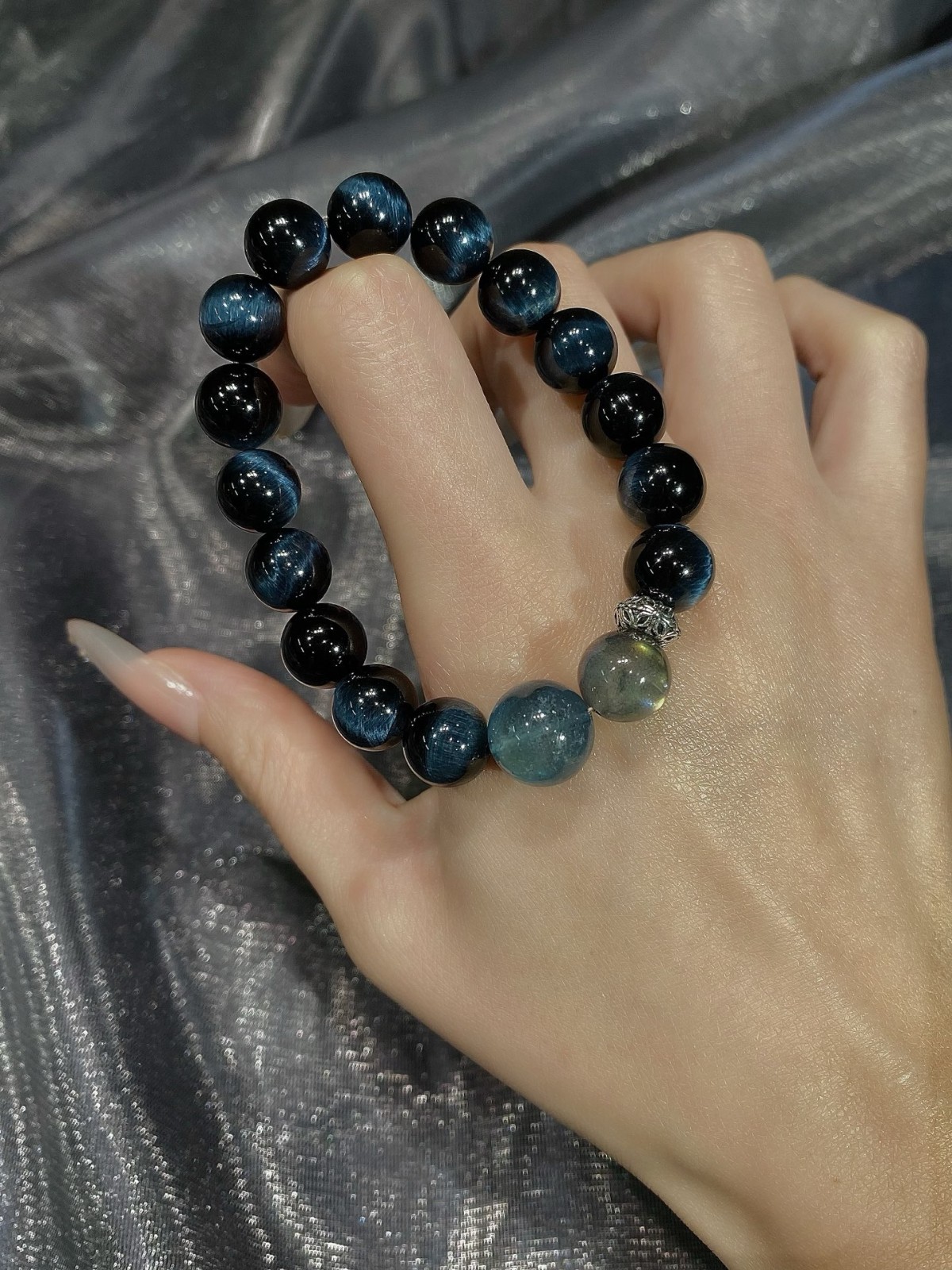 LUSA FEELA Natural Blue Tiger Eye Aquamarine Stretch Bracelet Gift Box