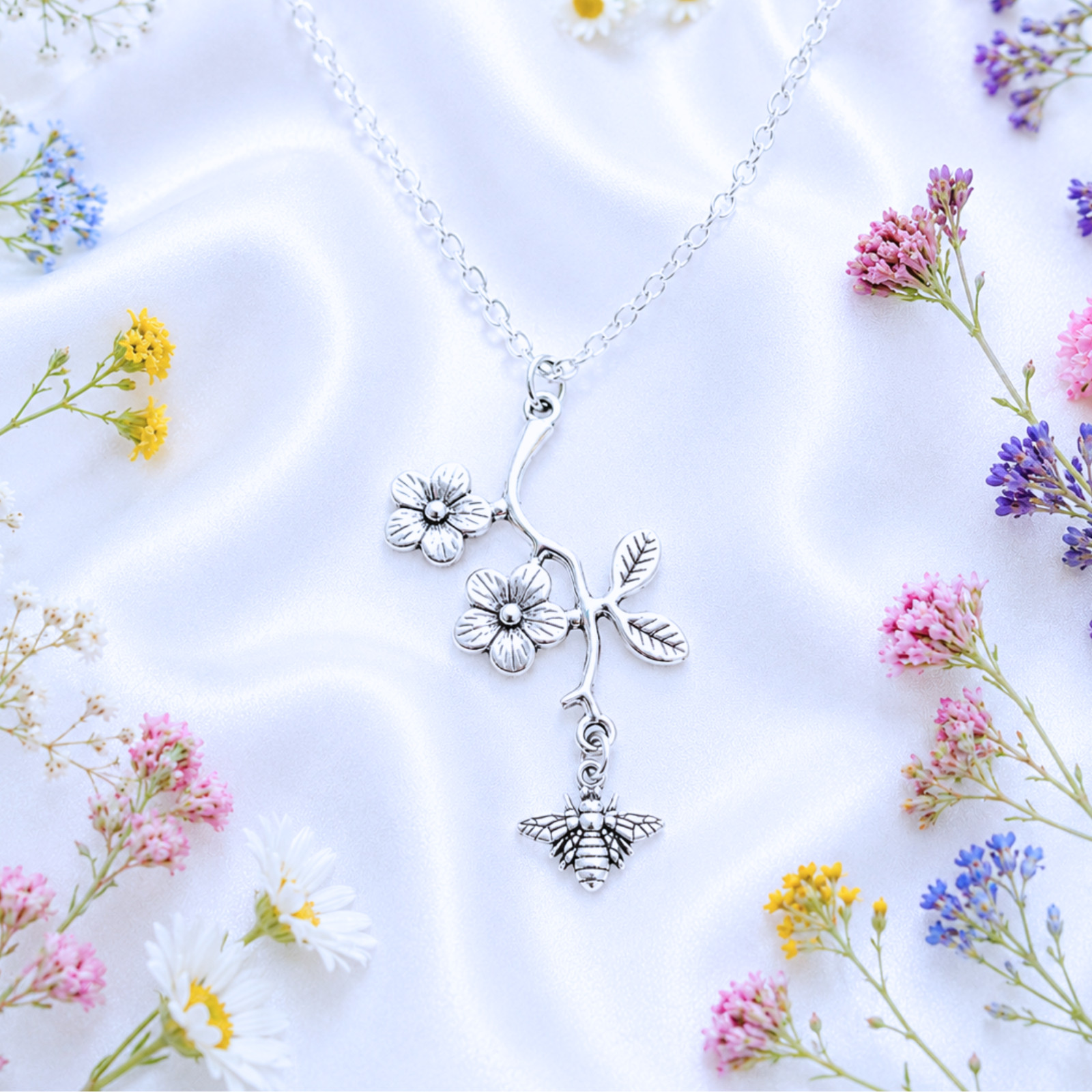 Bee Flower Branch Necklace Silver Boho Floral Pendant Botanical Jewellery Women