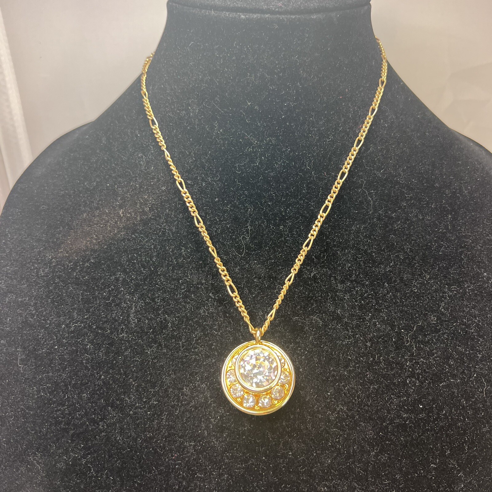 Whimsical Rhinestone Crystal Coffee Break Cup Saucer Pendant Gold Tone Necklace