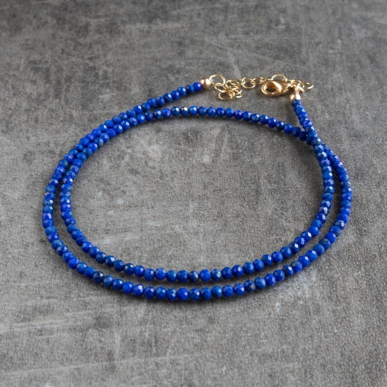 Dainty Lapis Lazuli Faceted Round Gemstone Beads Handmade Women Necklaces 18”