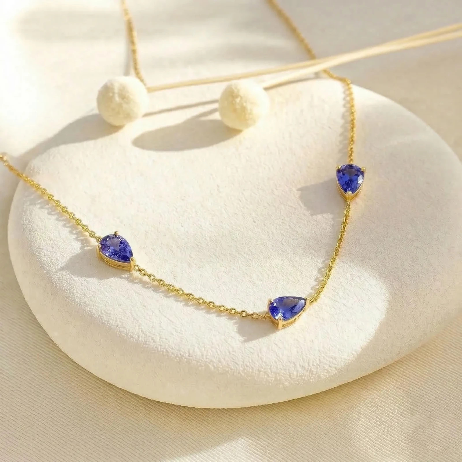 Tanzanite Necklace Gold, Pear Cut Tanzanite Station Necklace, Dainty Necklace