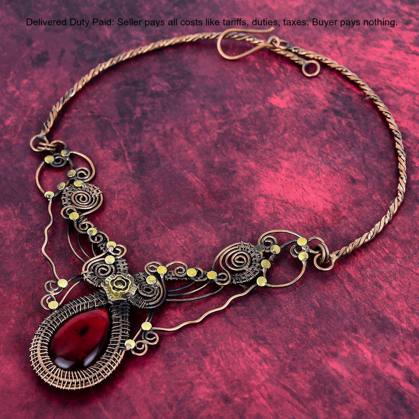 Red Fire Labradorite Gemstone Necklace Copper Wire Wrapped Adjustable Necklace