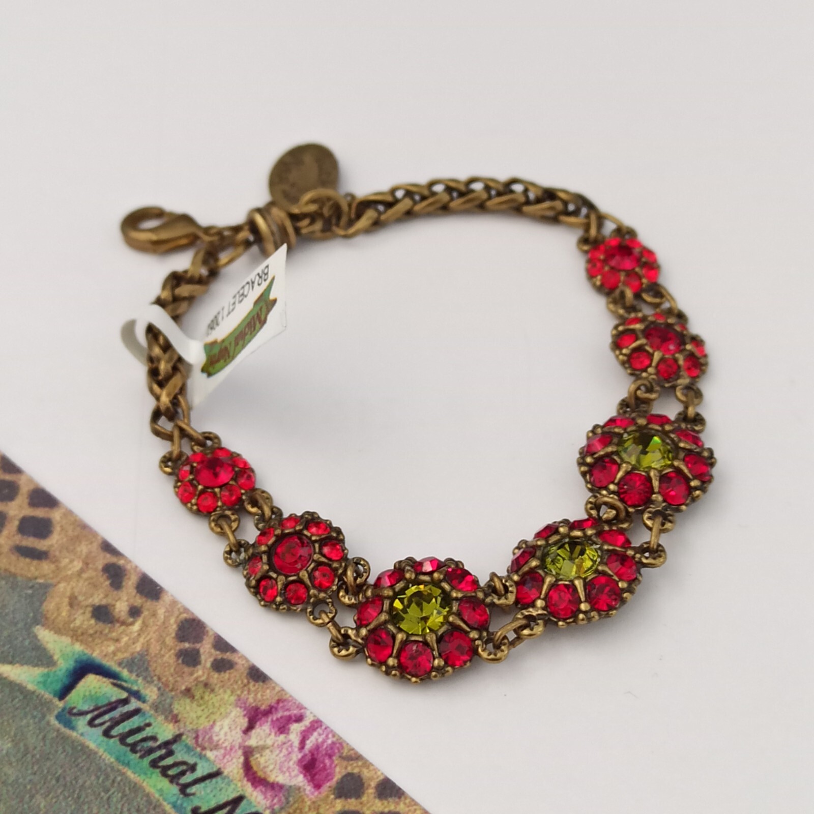 Michal Negrin Bracelet Red Olive Green Graduated Links Art Deco Magnetic New Box