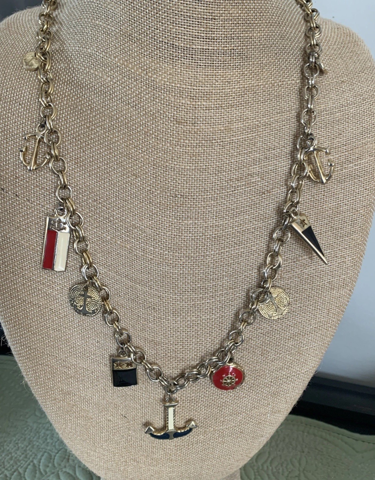 Vintage Nautical Charm Necklace Mid Century Gold Tone Chain Unsigned 32”