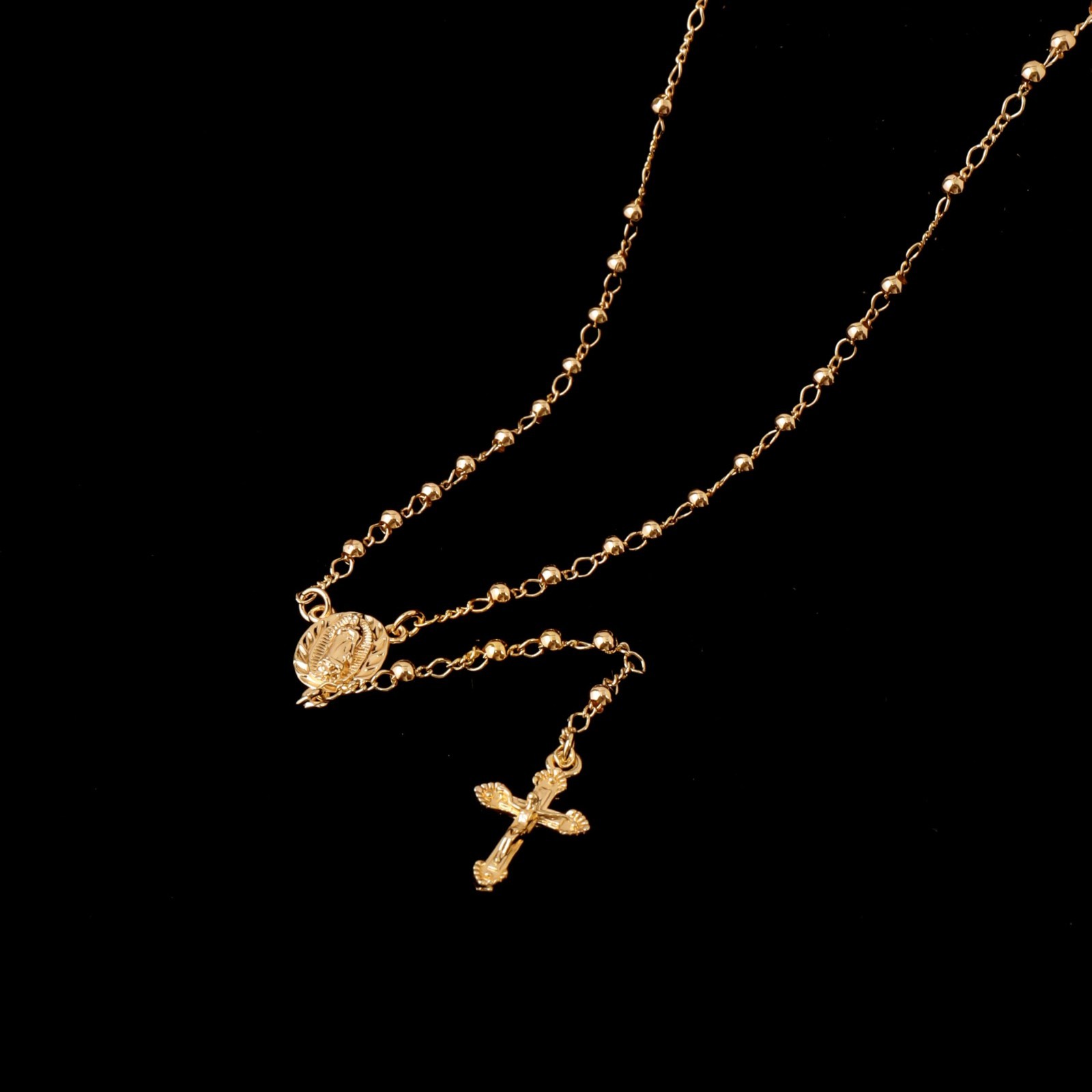 18K Gold Plated Rosary Necklace with 3mm Catholic Prayer Beads Pendant