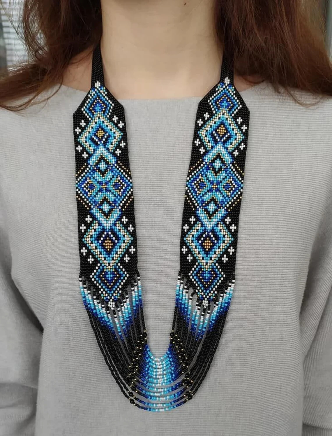 Boho Beaded Handmade Seed Bead American Ukrainian traditional Necklace Earrings