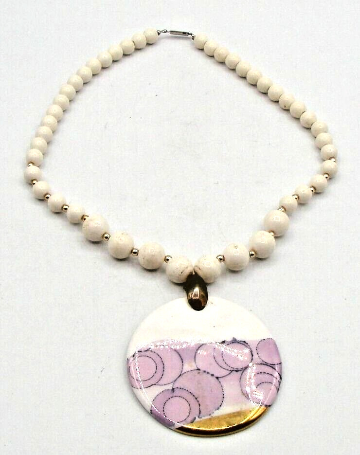 White Beaded Necklace Purple Dipped Gold Pendant 13″ Painted Enamel Ceramic Disc