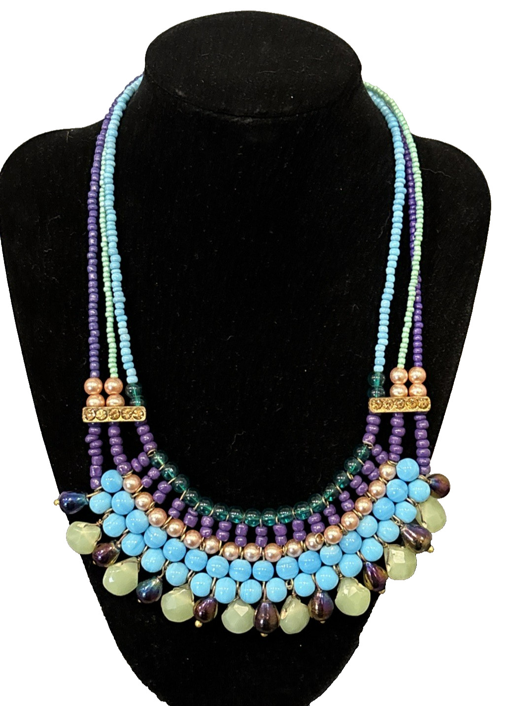 Stunning 3 Strand Beaded Choker 16″ – 18″ Necklace Purple Blue Green Seed Beads