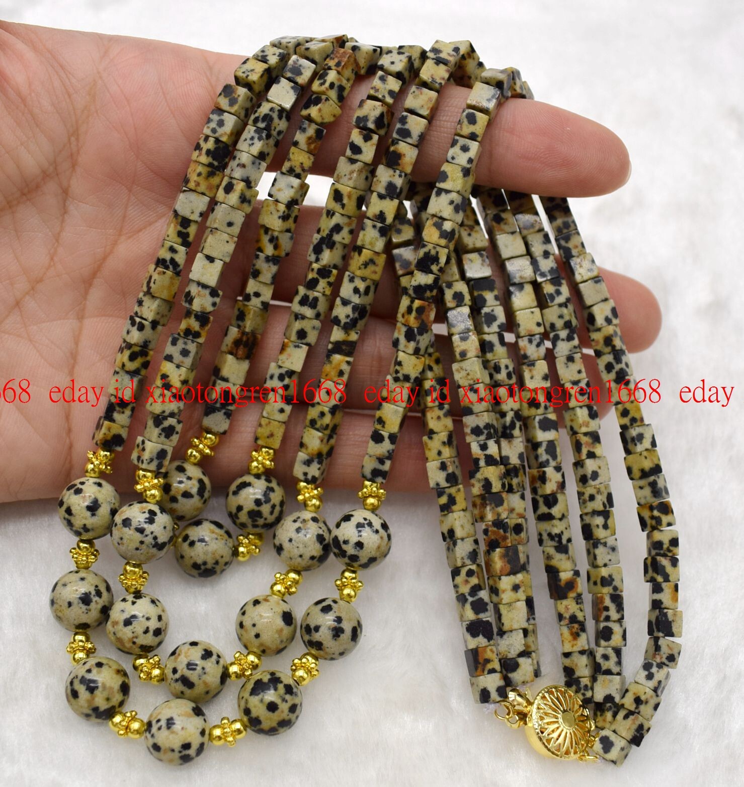 3 Rows 5x5mm Dalmatian Jasper Square Gemstone Beads Necklace 17-19”