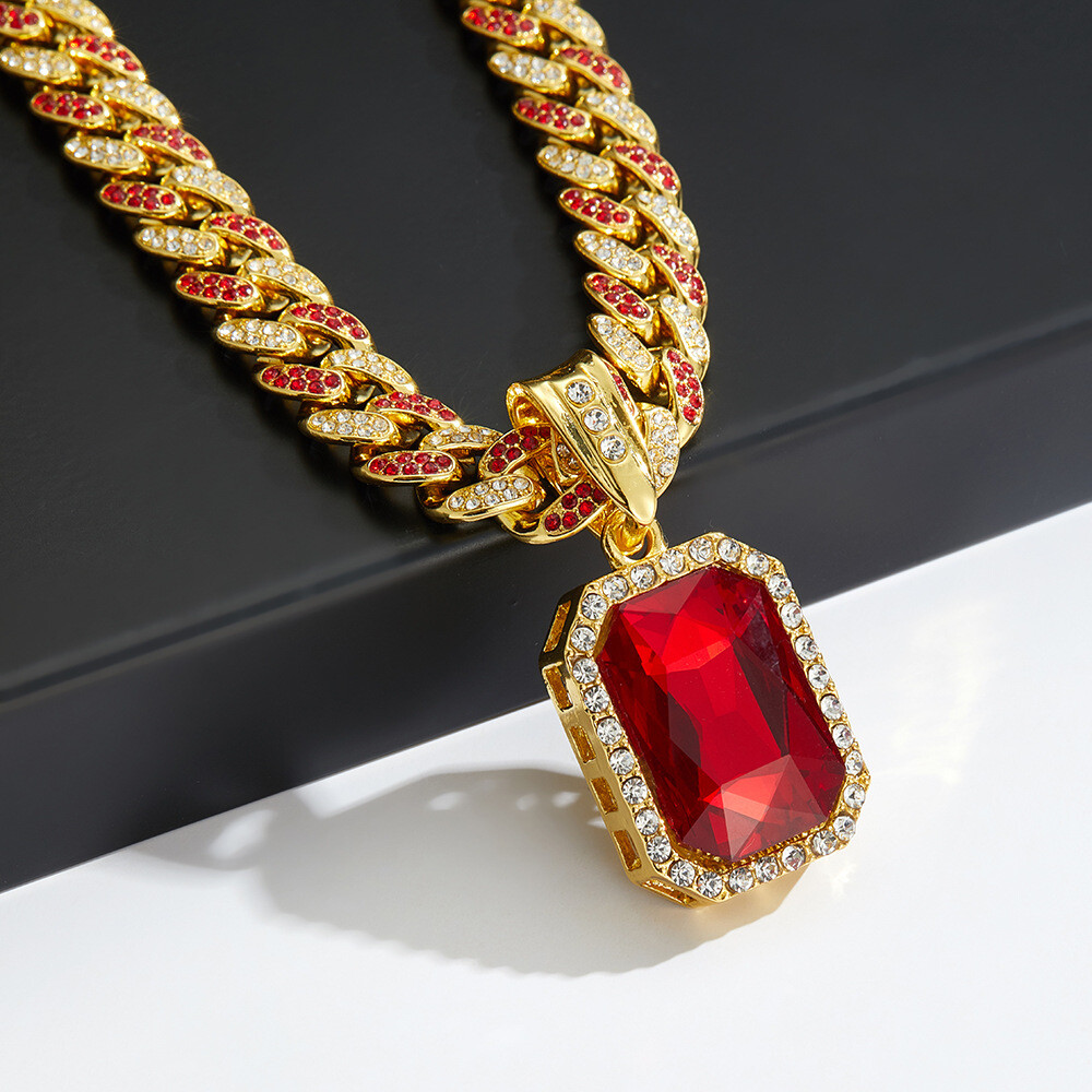 Red Gemstone Gold-Plated Pendant Ice Cuban Link Chain Hip-Hop Necklace New
