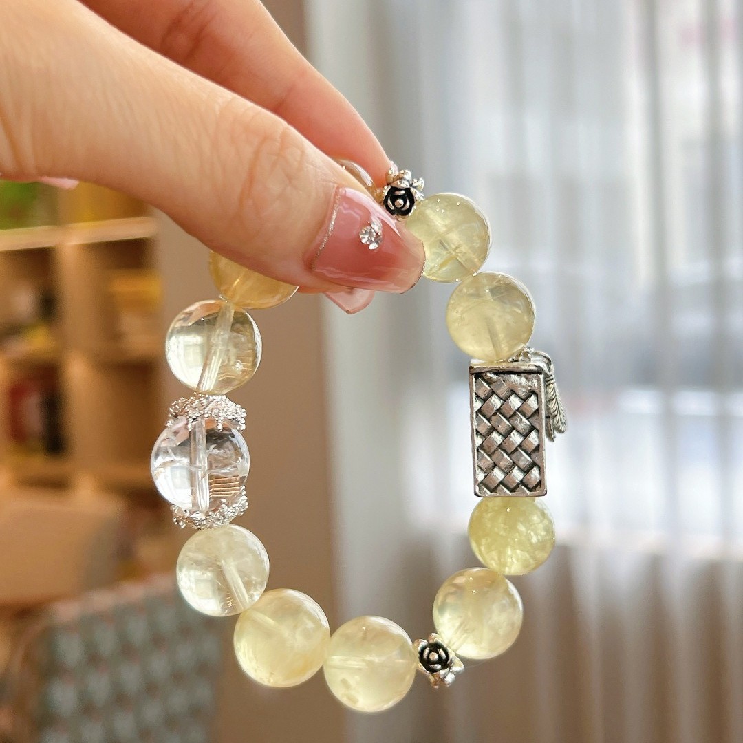 12-13mm Natural Lemon Yellow Crystal and White Crystal Handmade Bracelet