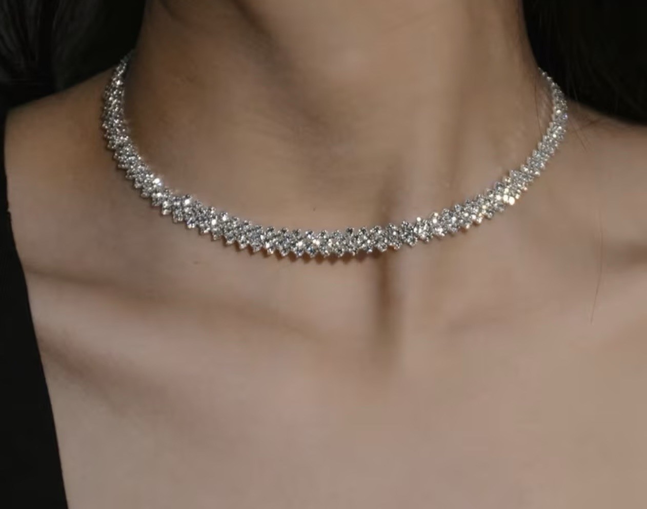 Silver Crystal Tennis Chain Necklace Round Prong Set Lobster Clasp 16.52in