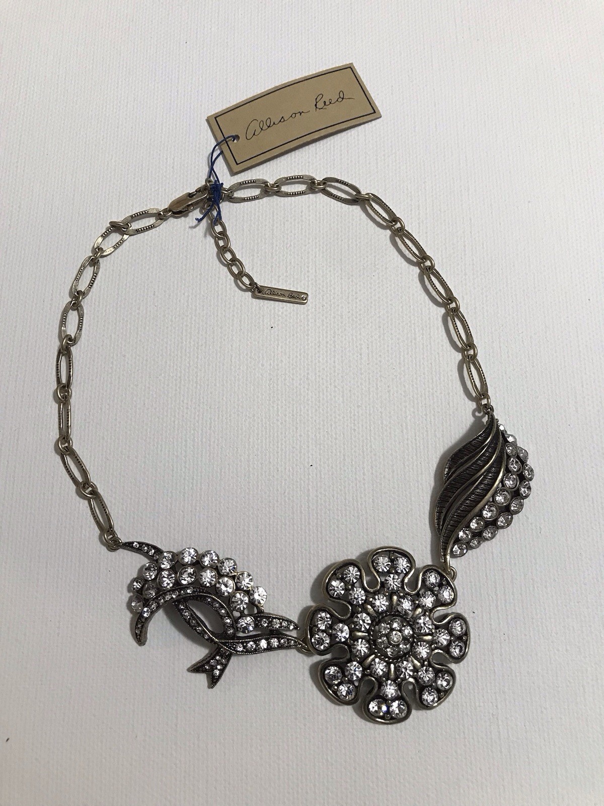 Allison Reed Statement Floral Necklace Antique Gold Tone Clear Rhinestones 13”