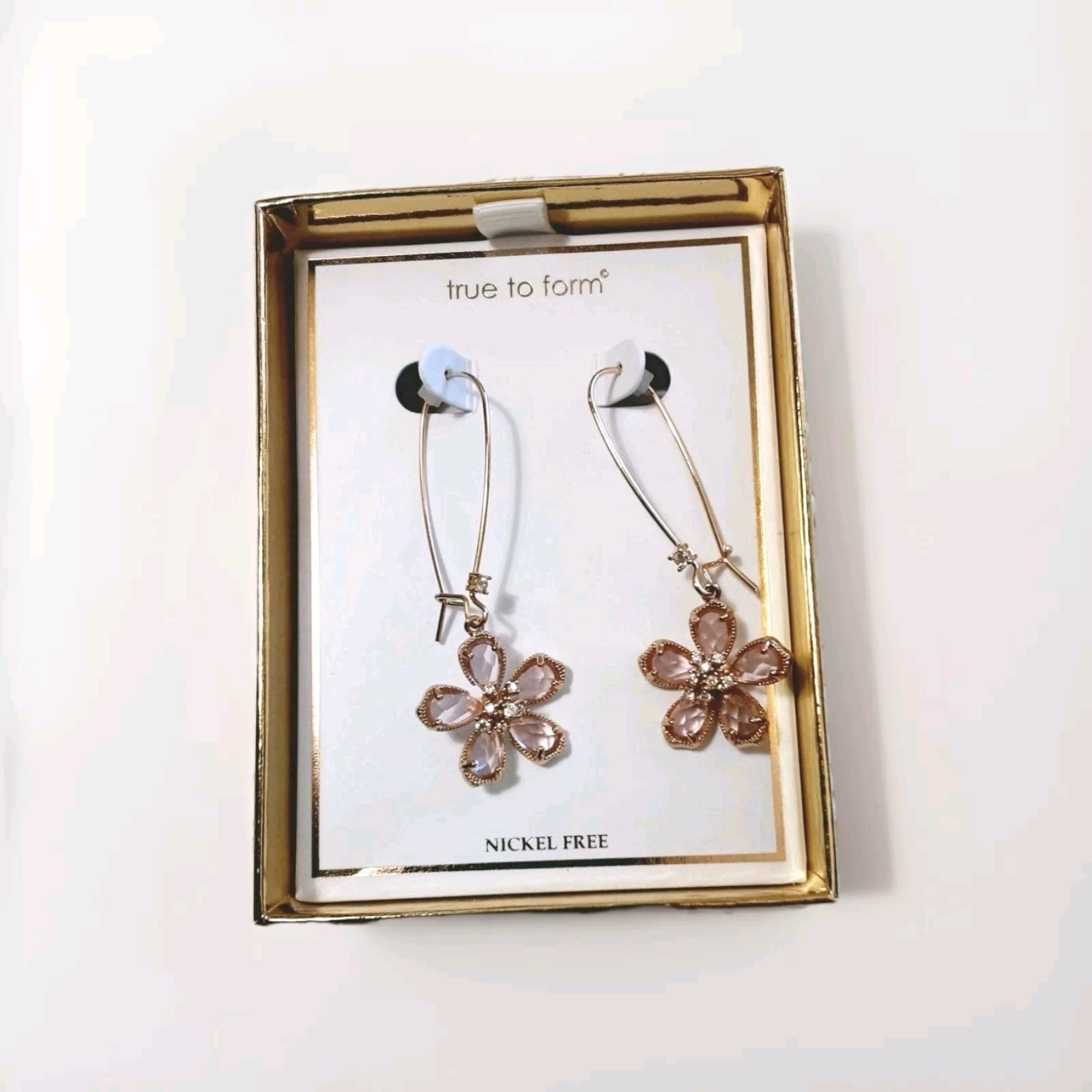 True To Form Drop Earings Pink Flowers Gold Tone Metal Nickel Free 2.2 Inch NEW