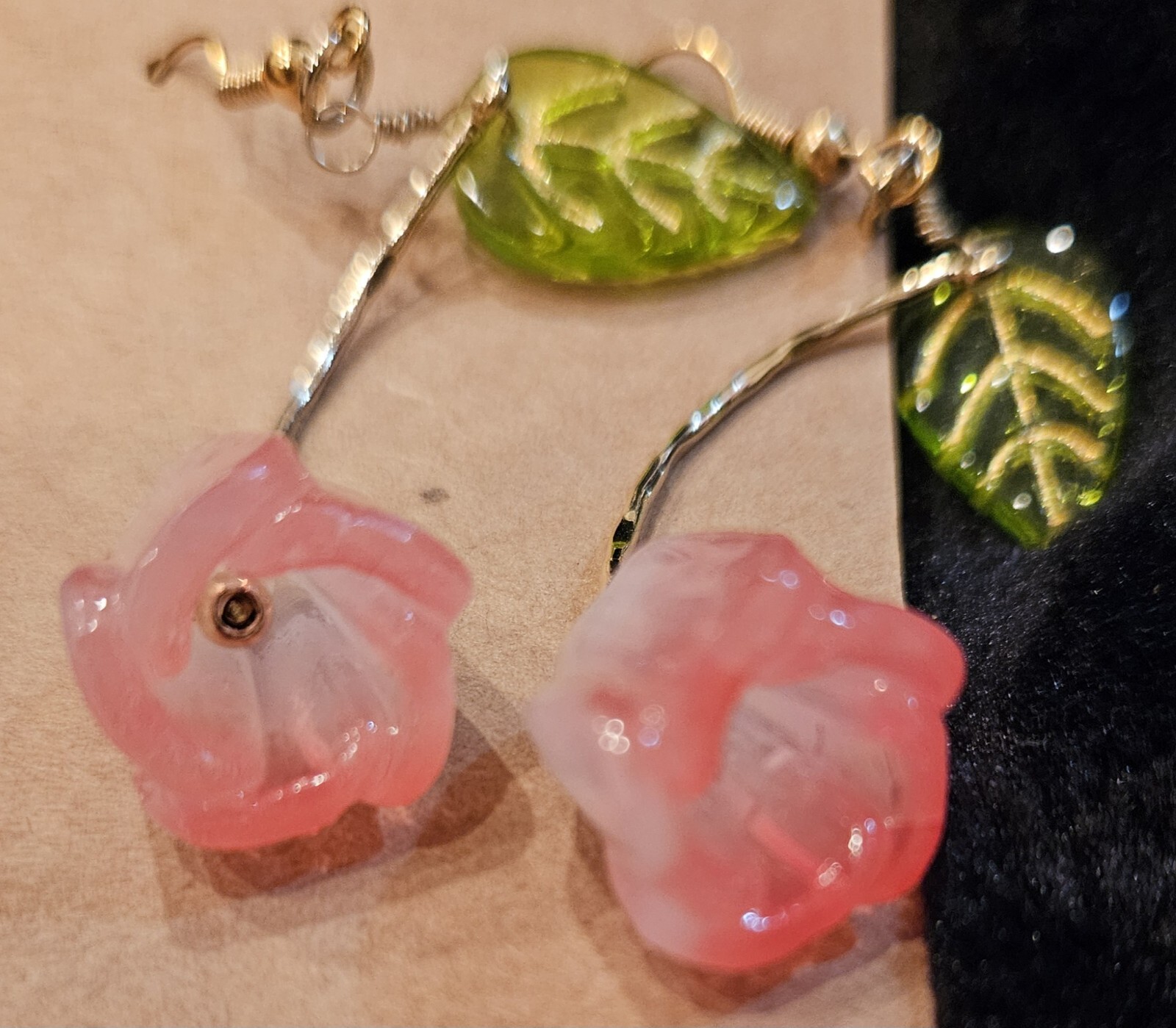 PINK & WHITE ROSE W/ Green Leaf Dangle Earrings w/18K Gold Plated Hook. Must See