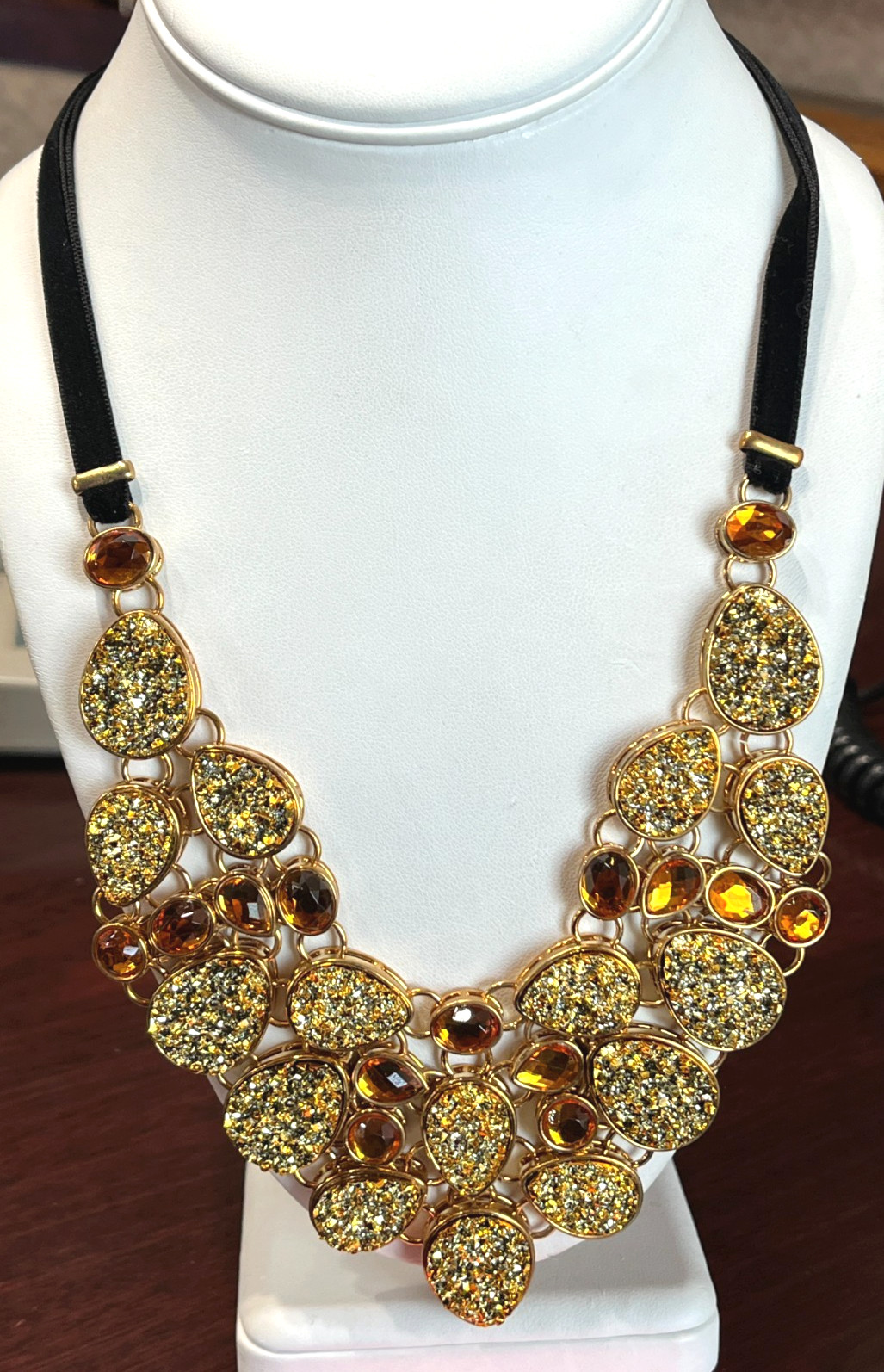 Joan Rivers Goldtone Faux Druzy Quartz Amber Velvet Bib Necklace – 18″ 21″