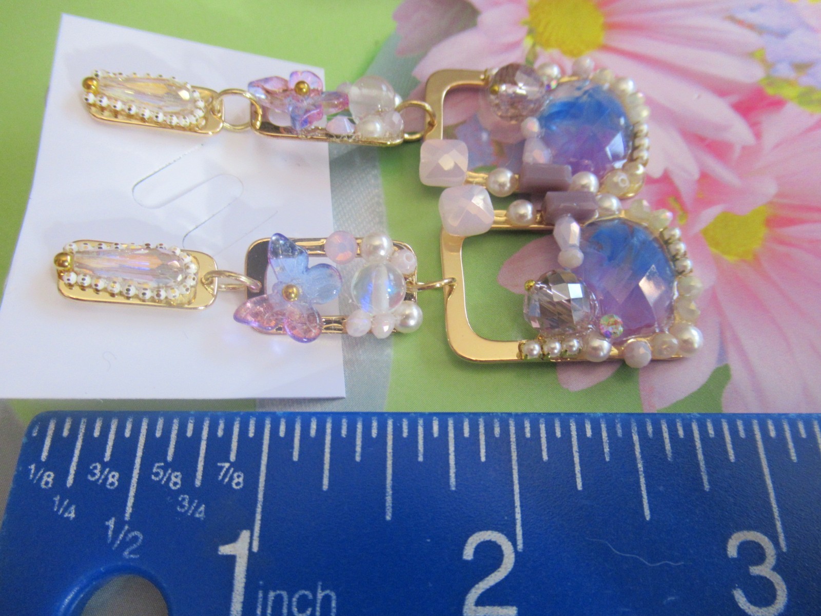 BEAUTIFUL GEMSTONES BLUE PINK BUTTERFLY GOLD DANGLE EARRINGS NWT
