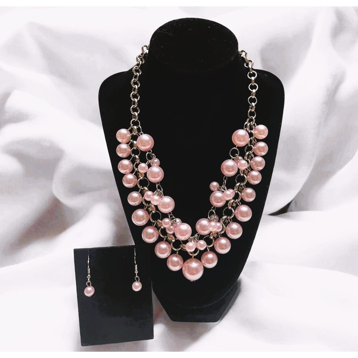 Silver & Pink Faux Pearl Layered Bib Necklace w/ Matching Pink Drop Earrings