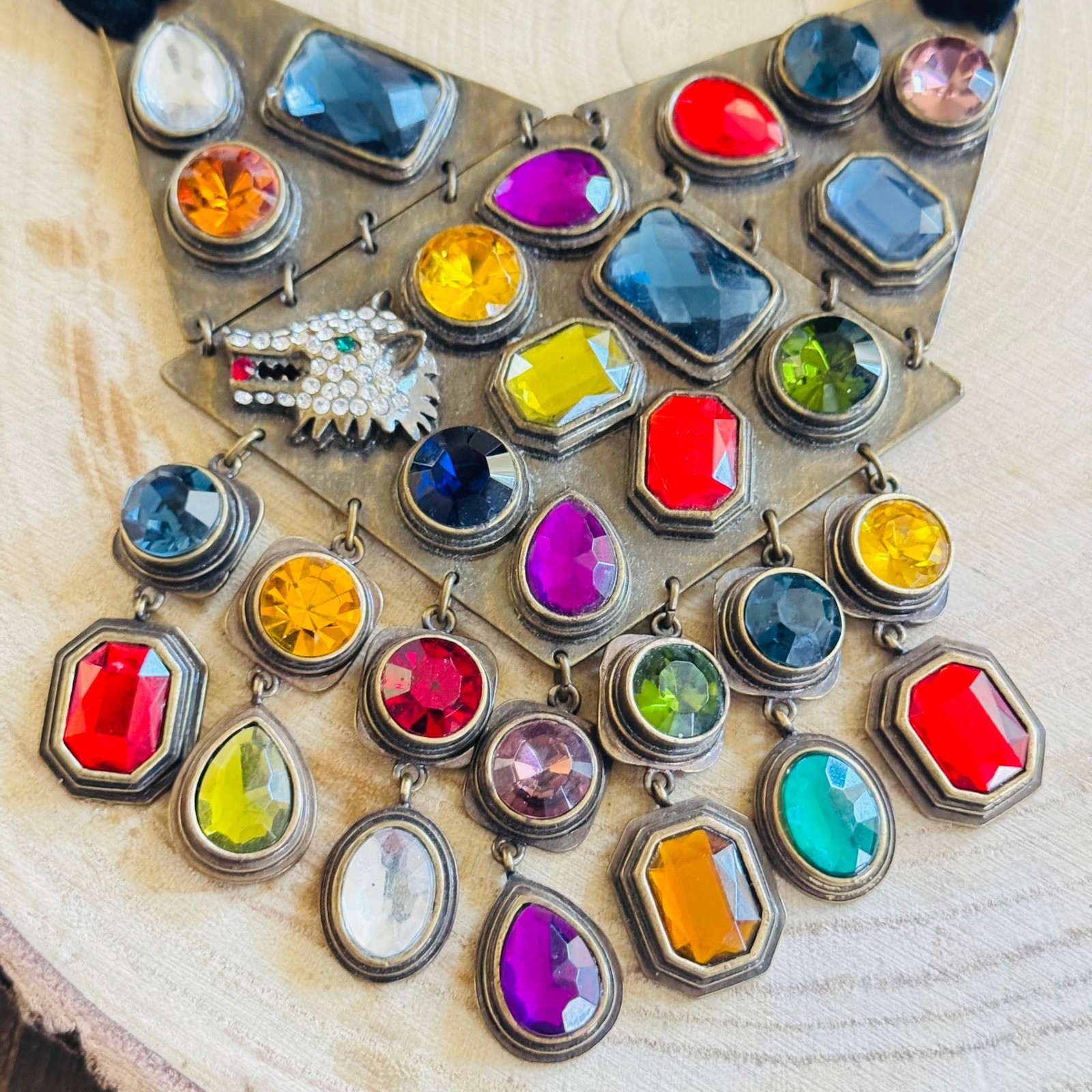 Loulou de la Falaise necklace colorful jeweled rhinestone gold tone velvet 32″