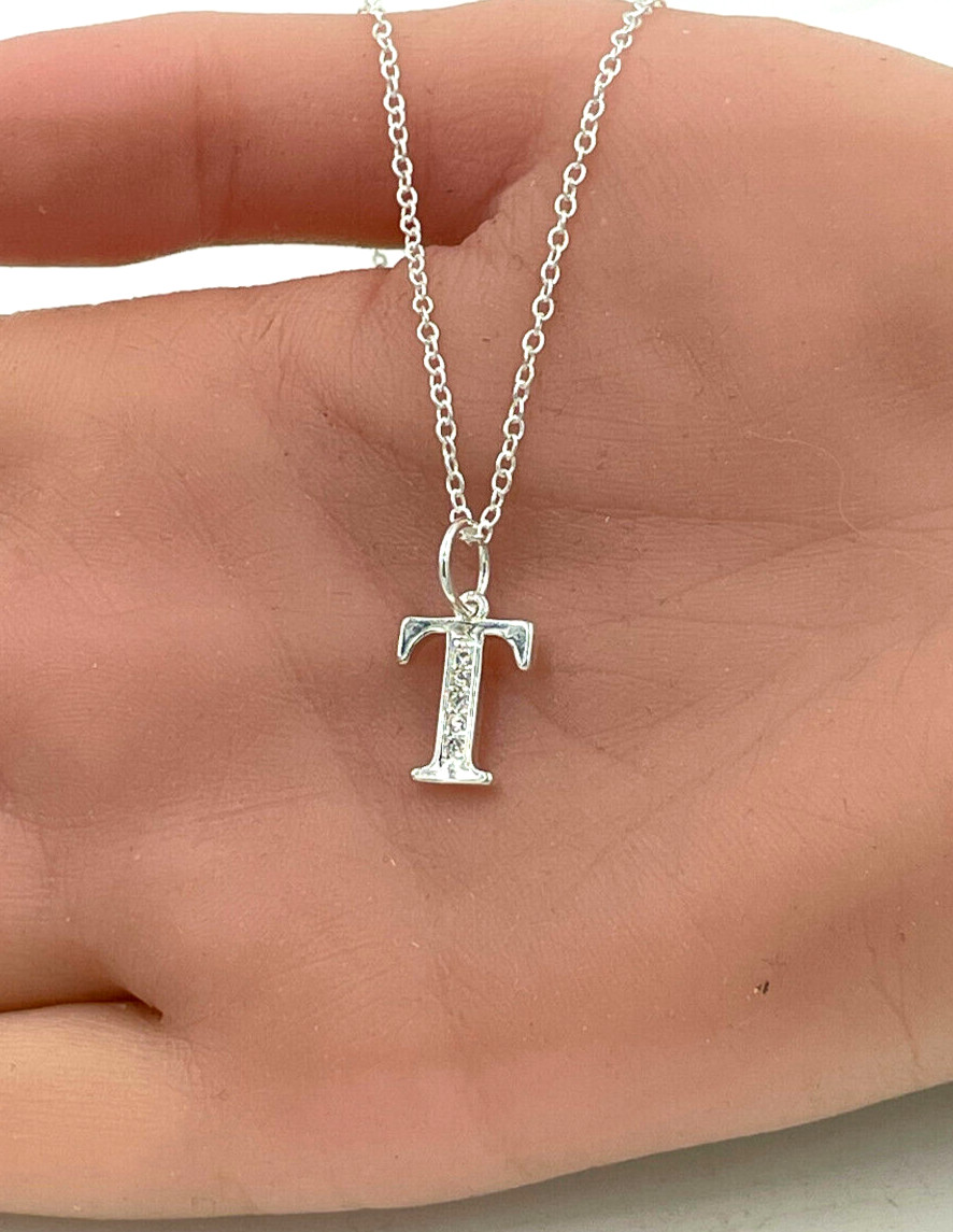 Initial Letter T with Crystals Pendant Necklace Stainless Steel