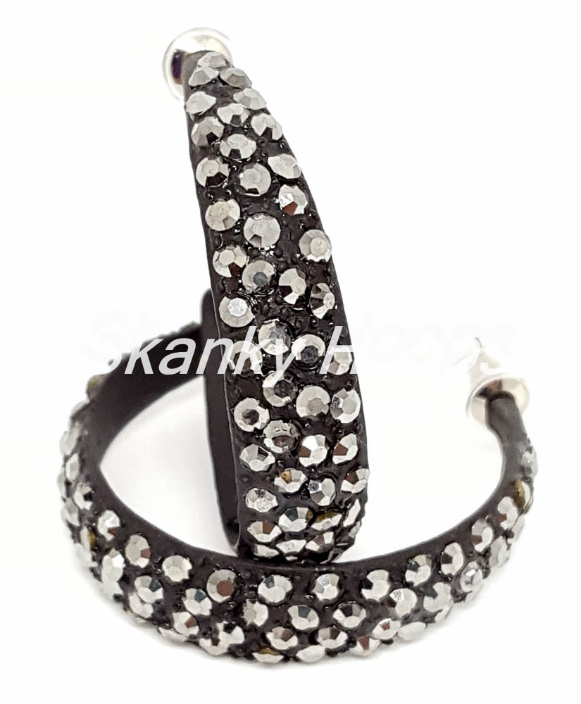 APPROX 1.5″ NEW METAL BLACK HOOPS HEMATITE GRAY RHINESTONE EARRINGS SKANKY HOOPS