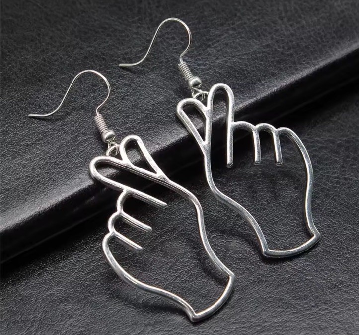 Finger Heart Gesture Design Dangle Earring Minimalist Alloy Jewelry Silver Tone