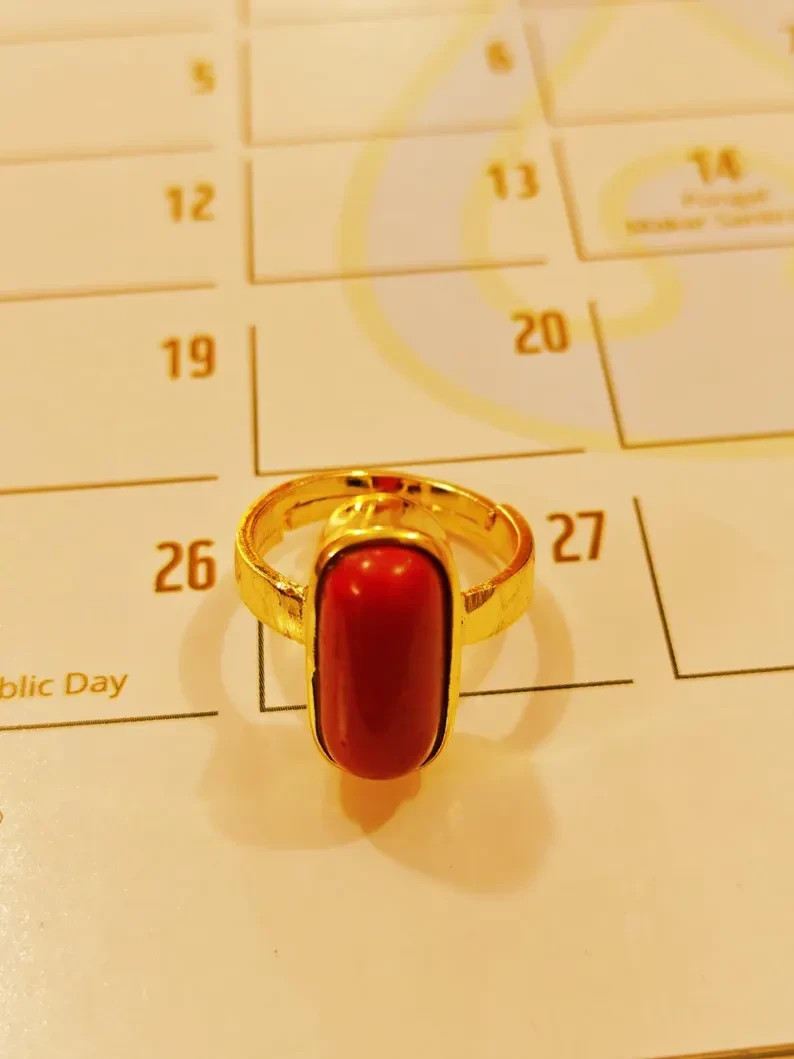 Italian Red Coral Ring, 925 Silver Yellow Gold, Vedic Astrology Capsule Ring