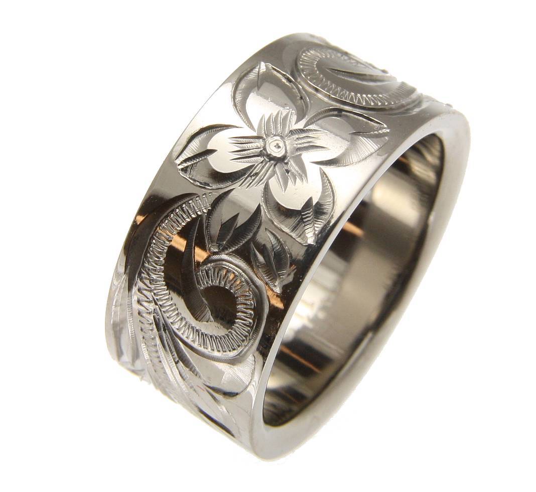 TITANIUM HAND ENGRAVED HAWAIIAN PLUMERIA SCROLL BAND RING 10MM