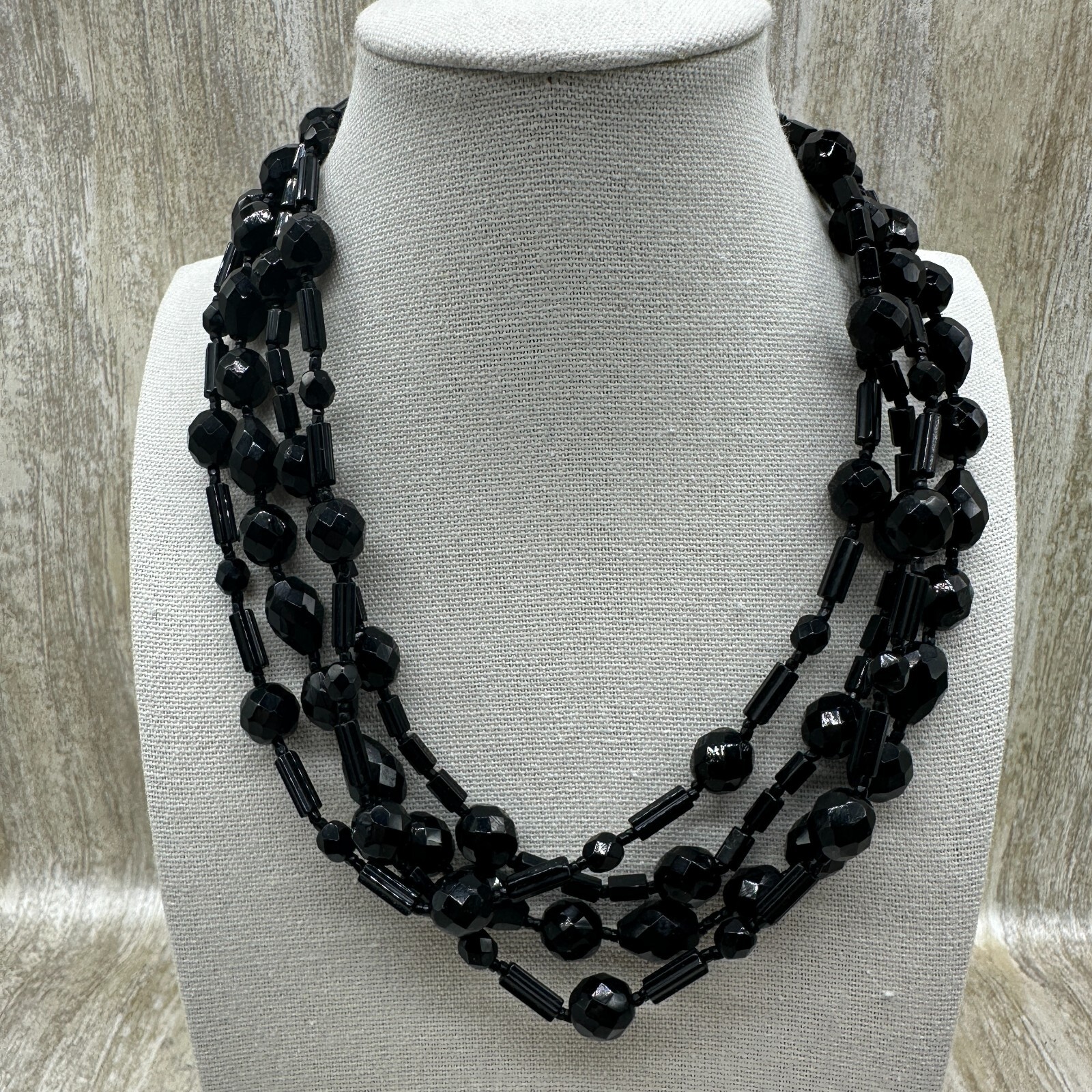 Black Beaded Multi Strand Necklace Costume Jewelry Necklace 16 Inches Statement