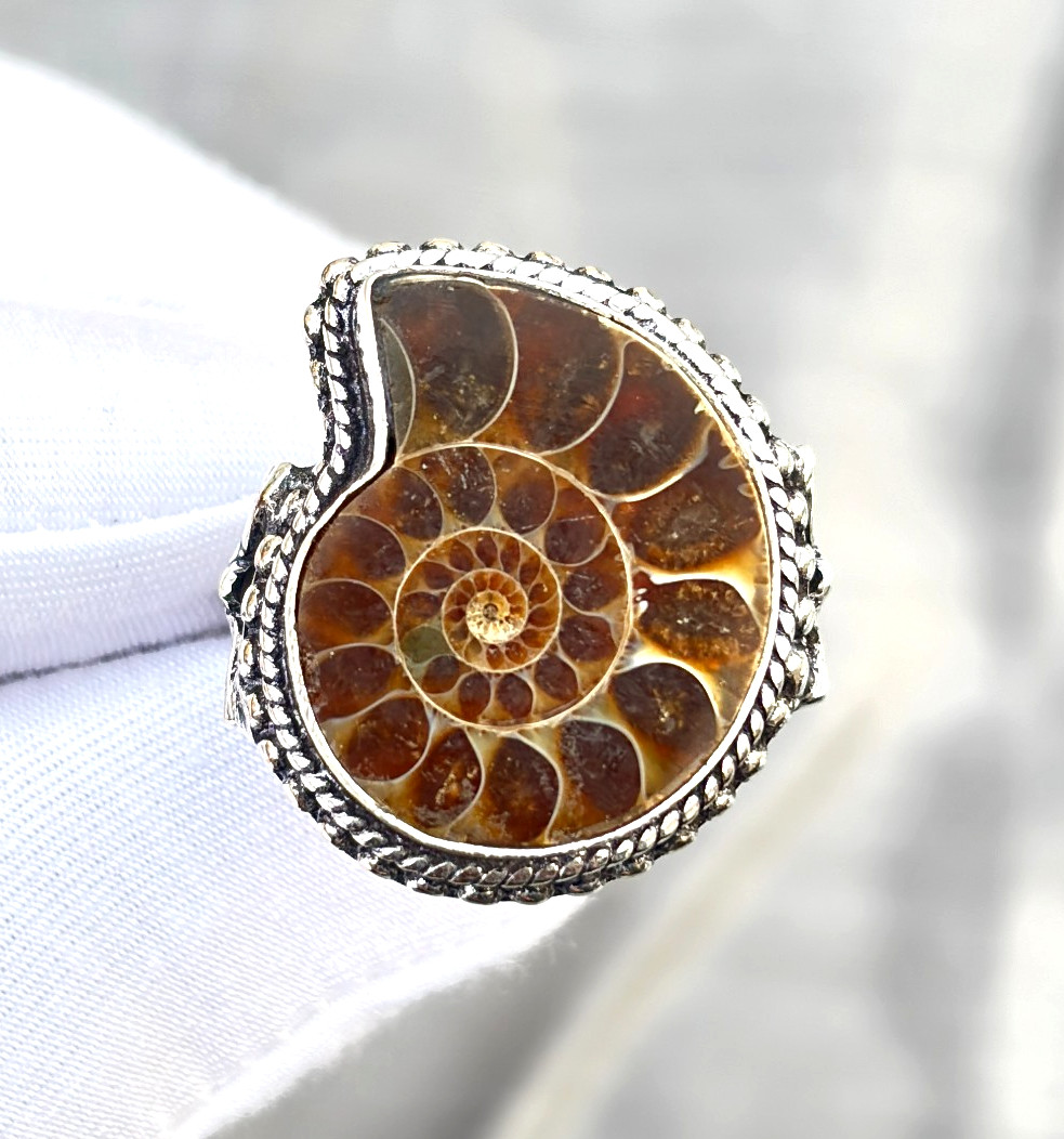 Natural Ammonite Gemstone Handmade 925 Sterling Silver Ethnic Jewelry Ring