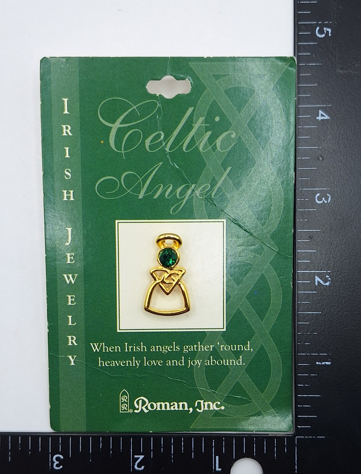 Roman Inc. Celtic Angel Irish Jewelry Pin Green Emerald Celtic Knot Angel NEW