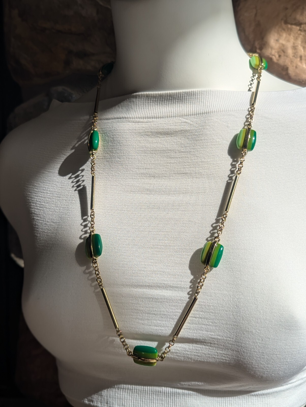 Coldwater Creek Green Tab Station Gold Tone Rolo Chain Necklace 24″ 28″ 30″ Adj