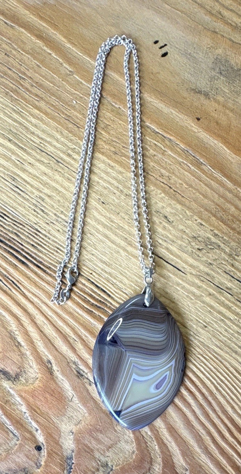 925 Silver Gray Purple White Oval Agate Pendant Necklace, Cable Chain