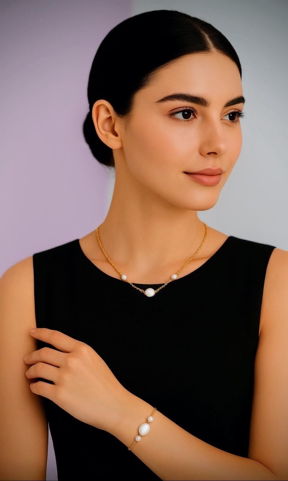 Necklace,Bracelet Genuine Freshwater Pearl 18K Gold Plated