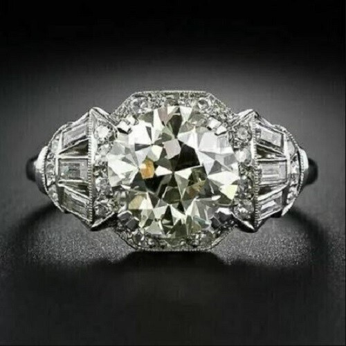 Art Deco 4Ct Round Cut Lab Created Diamond Engagement Ring 14K White Gold Plated