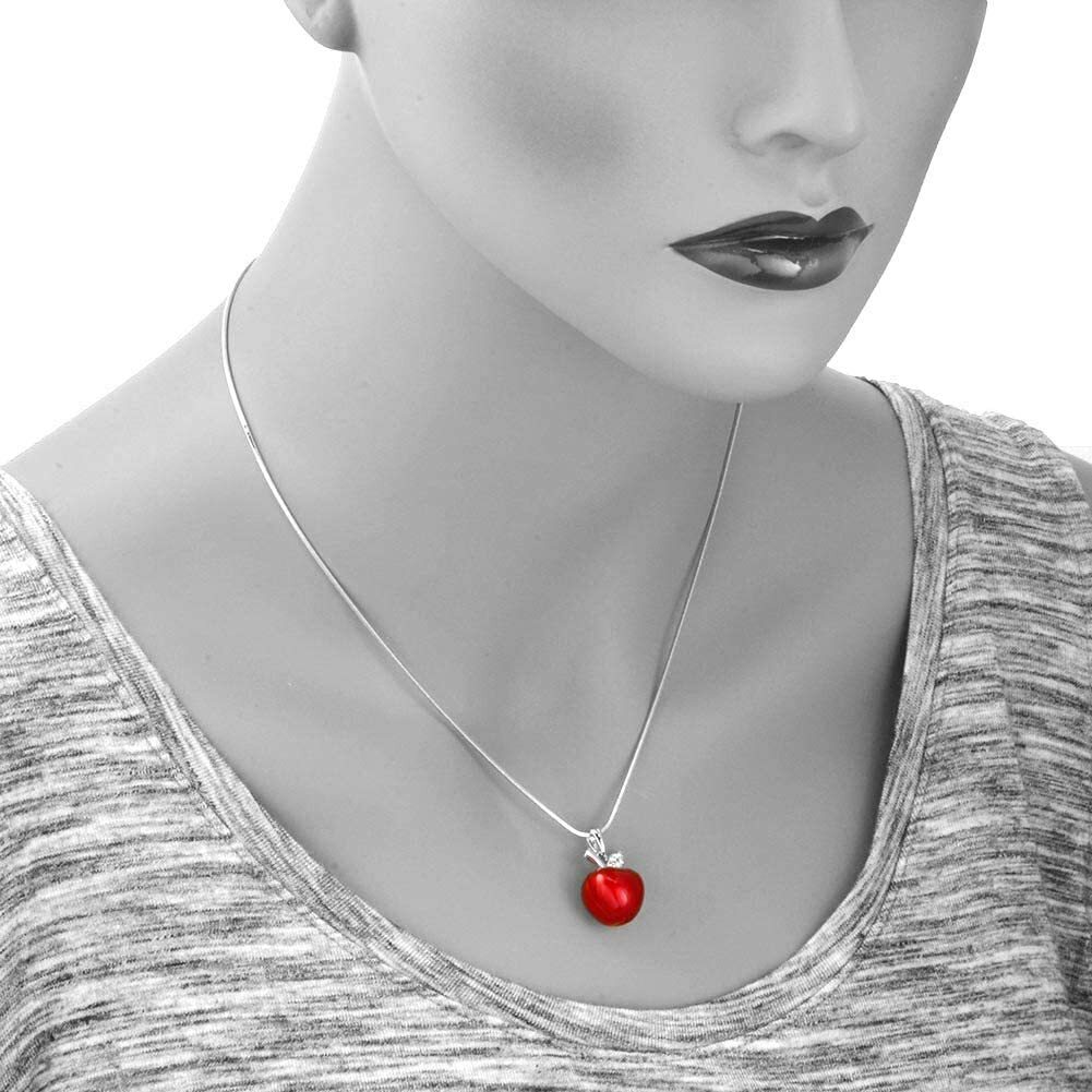 White Gold Plated Candy Red Apple Epoxy and Crystal Pendant Charm Necklace
