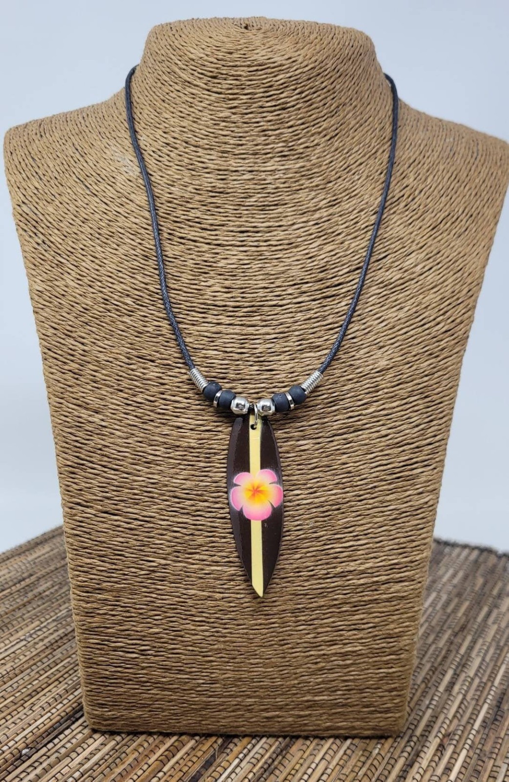 Hand Painted Surfboard Necklace Hawaiian Flower Pendant Wood Beach Unisex
