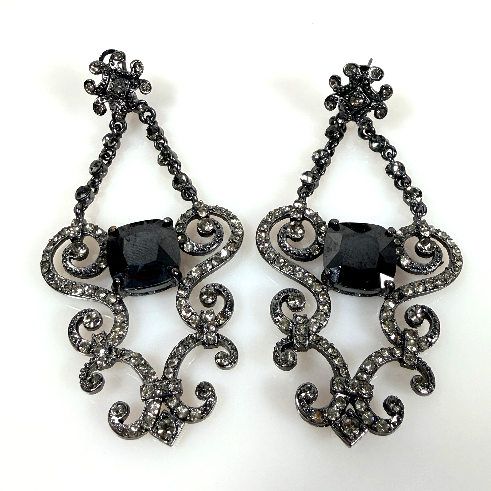 Chandelier Earrings Rhinestone Pierced Pageant Bridal Black Drop Dangle 3.5 in