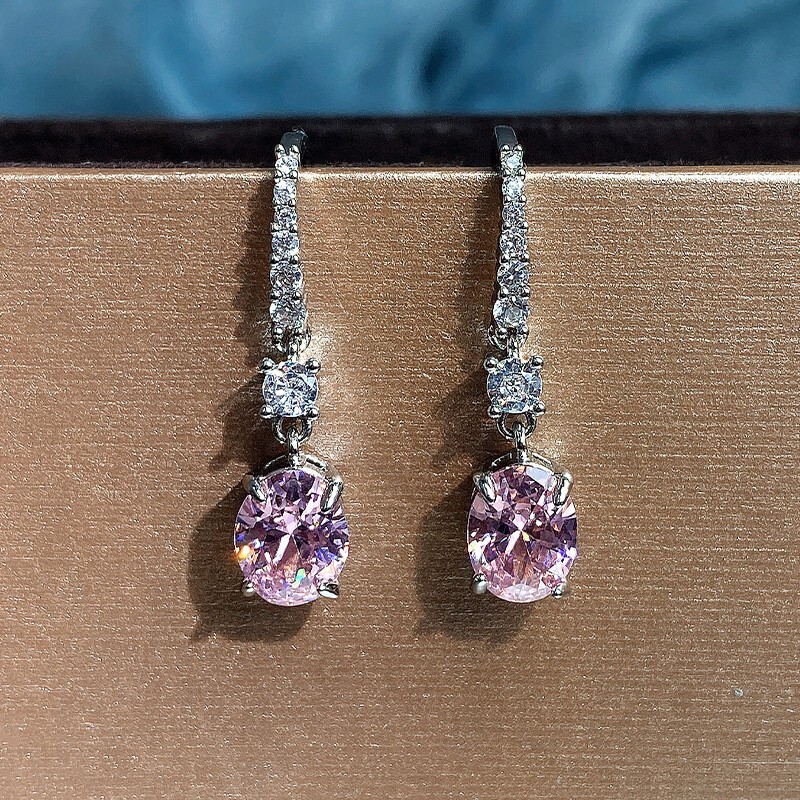 1″ Long Pink Oblong Rhinestone Clear Crystal Prom Pageant Earrings Drop Dangle