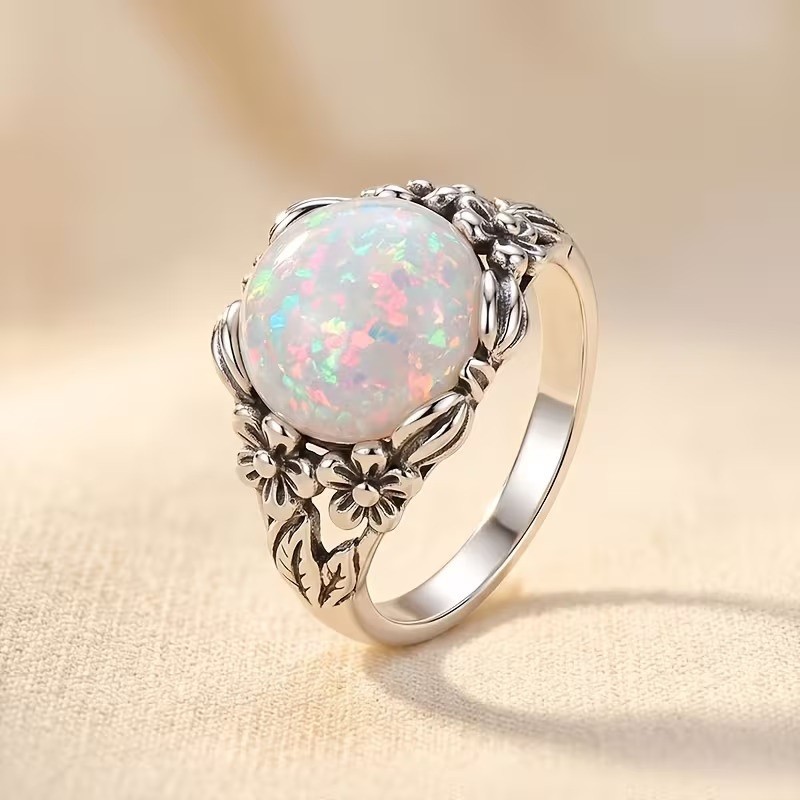 Elegant 925 Sterling Silver Fire Rainbow Opal Engagement Wedding Ring Size 10.5