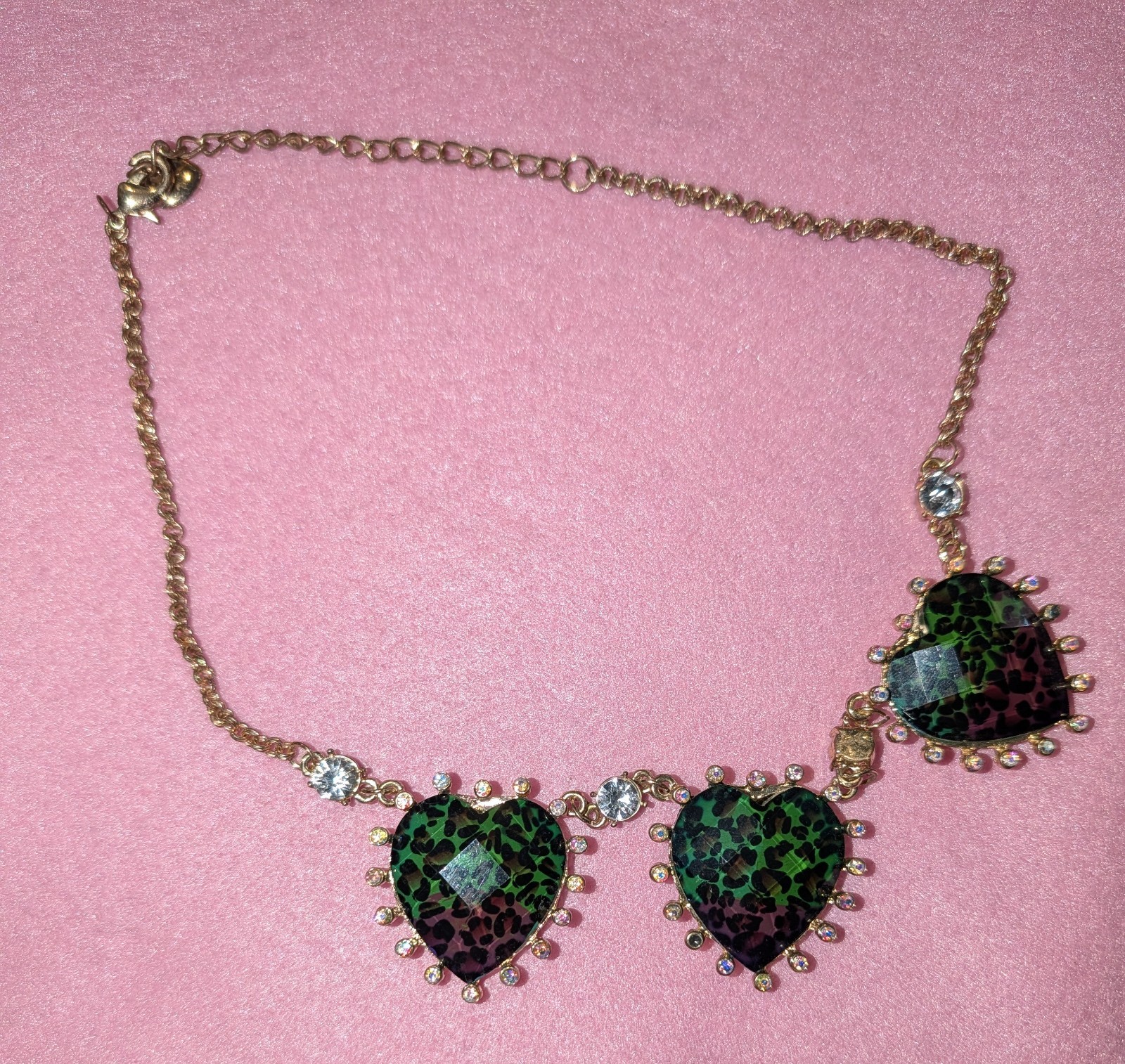 Gold Tone Cable Chain Necklace 3 Heart Pendants Green Black Rhinestones