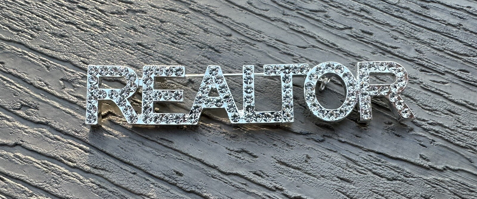 Print Font Clear realtor brooch rhinestone pin jewelry gift NEW 3”