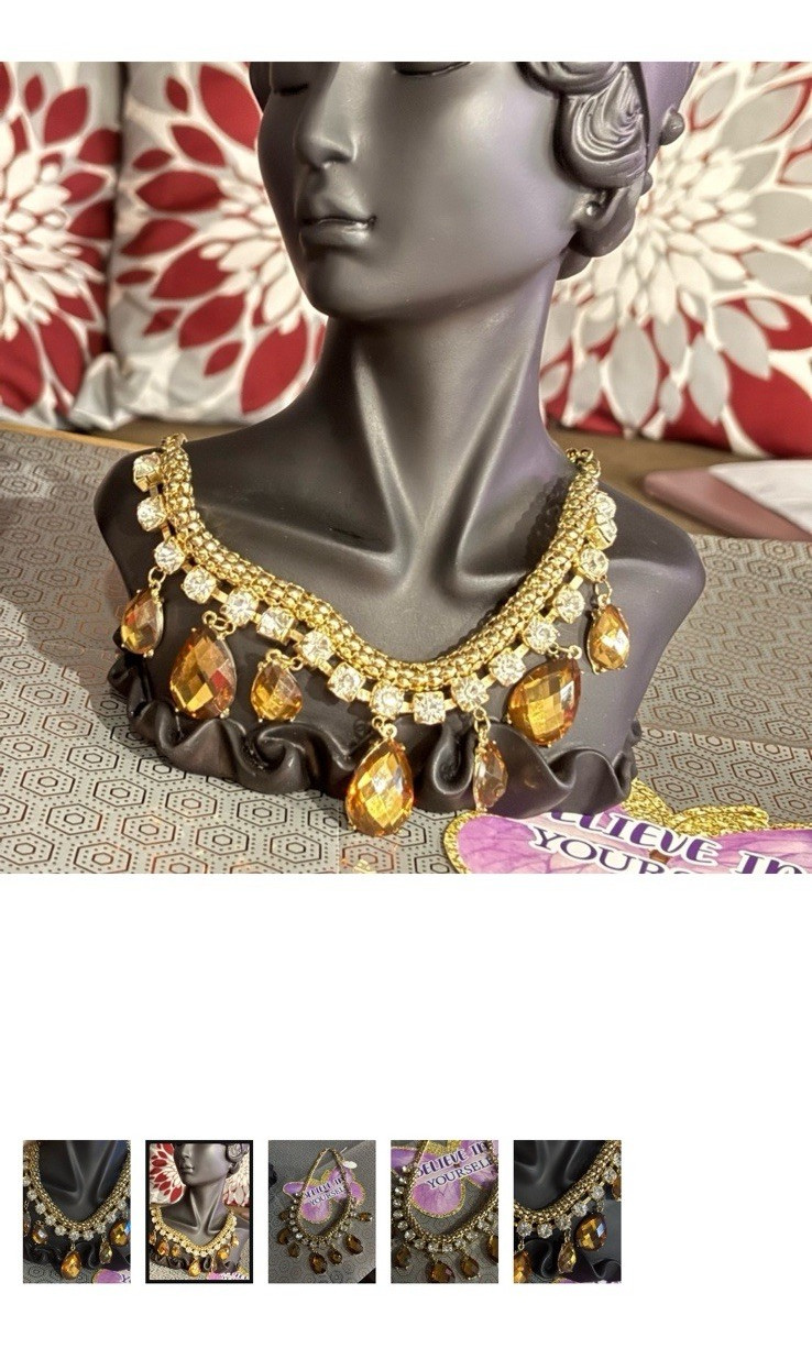 Gold Tone Statement Necklace Clear Crystal Rhinestones Amber Teardrop Dangles