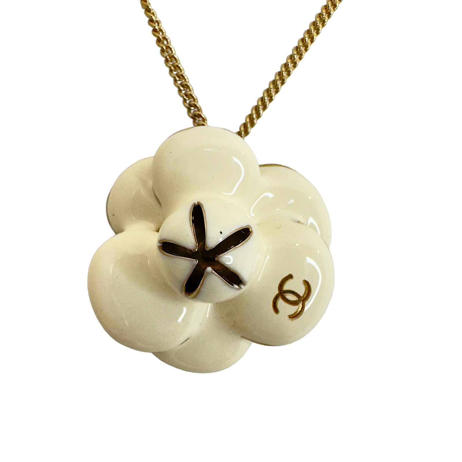 CHANEL Camellia Necklace Accessories Gold & White 2.6×2.8cm AB Rank