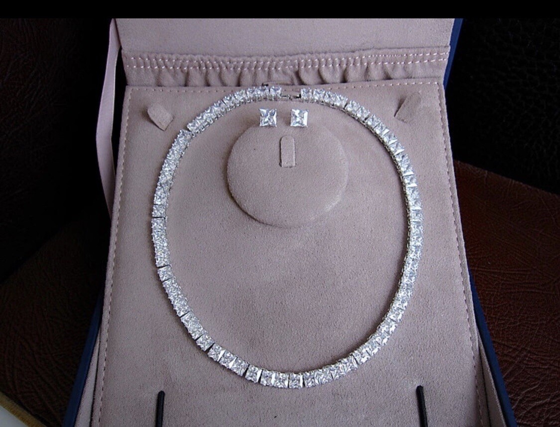 18k White Gold Plated Square Tennis Necklace Earrings made w Swarovski Crystal