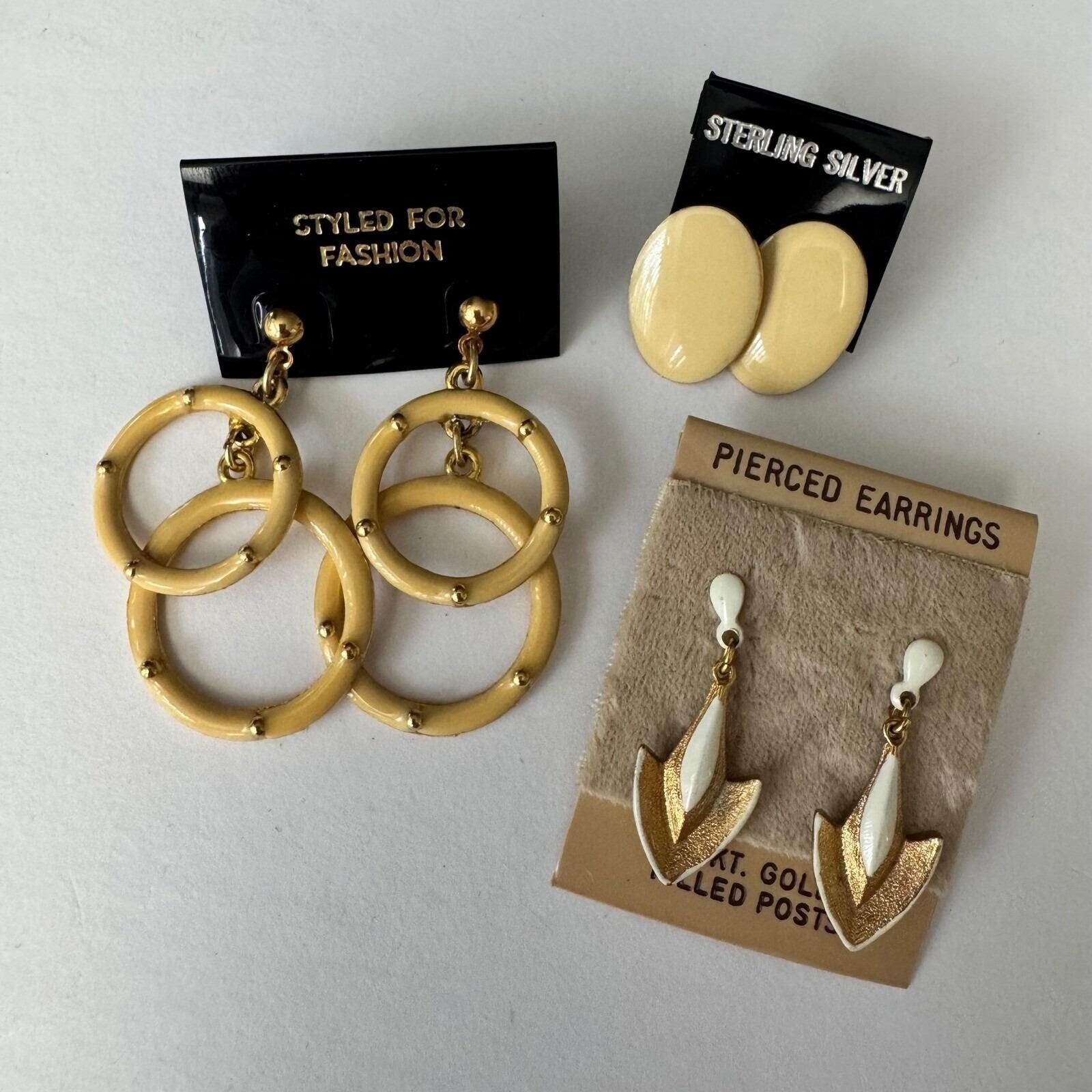 Lot of 3 Vintage Enameled Pierced Earrings Gold Yellow White Dangle 70s 80s