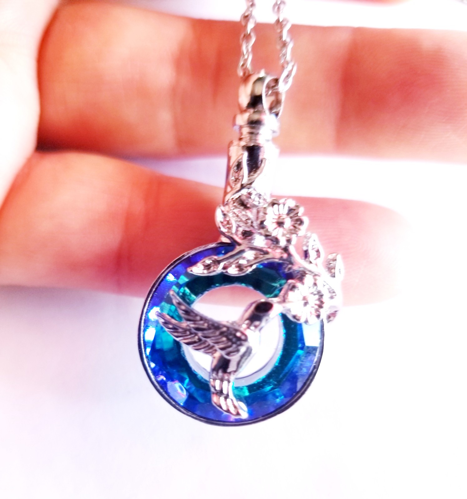 Silver Tone Urn Cremation Memorial Necklace Hummingbird Pendant for Ashes Blue