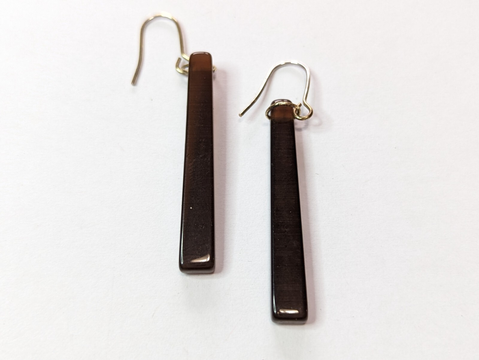Dark Brown Glass Bar Dangle Drop Earrings 2 1/8″ Long Gold Tone